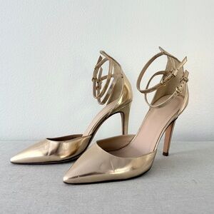 J.Crew Women's Sz 7.5 Metallic Gold Leather Heels Pump Sandal Holiday NYE